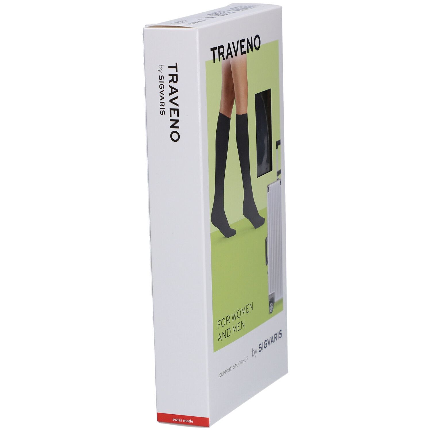 Verpackung von TRAVENO Reisesocken. Anthrazitfarbene Kniestrümpfe, Abbildung von Beinen. Marke SIGVARIS.