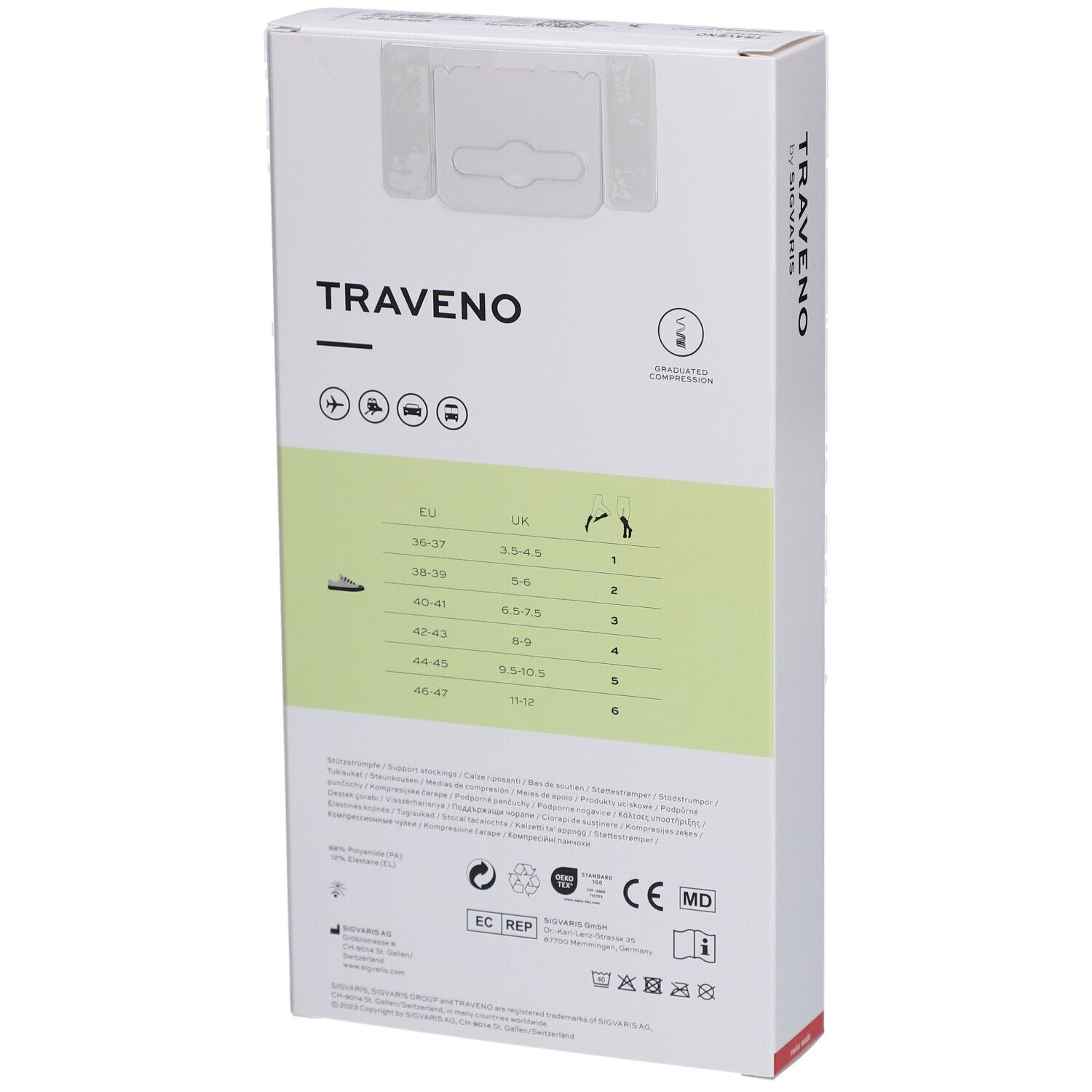 Rückseite der Verpackung von TRAVENO Reisesocken. Größentabelle, EU, UK, Schuhgrößen. Marke SIGVARIS.