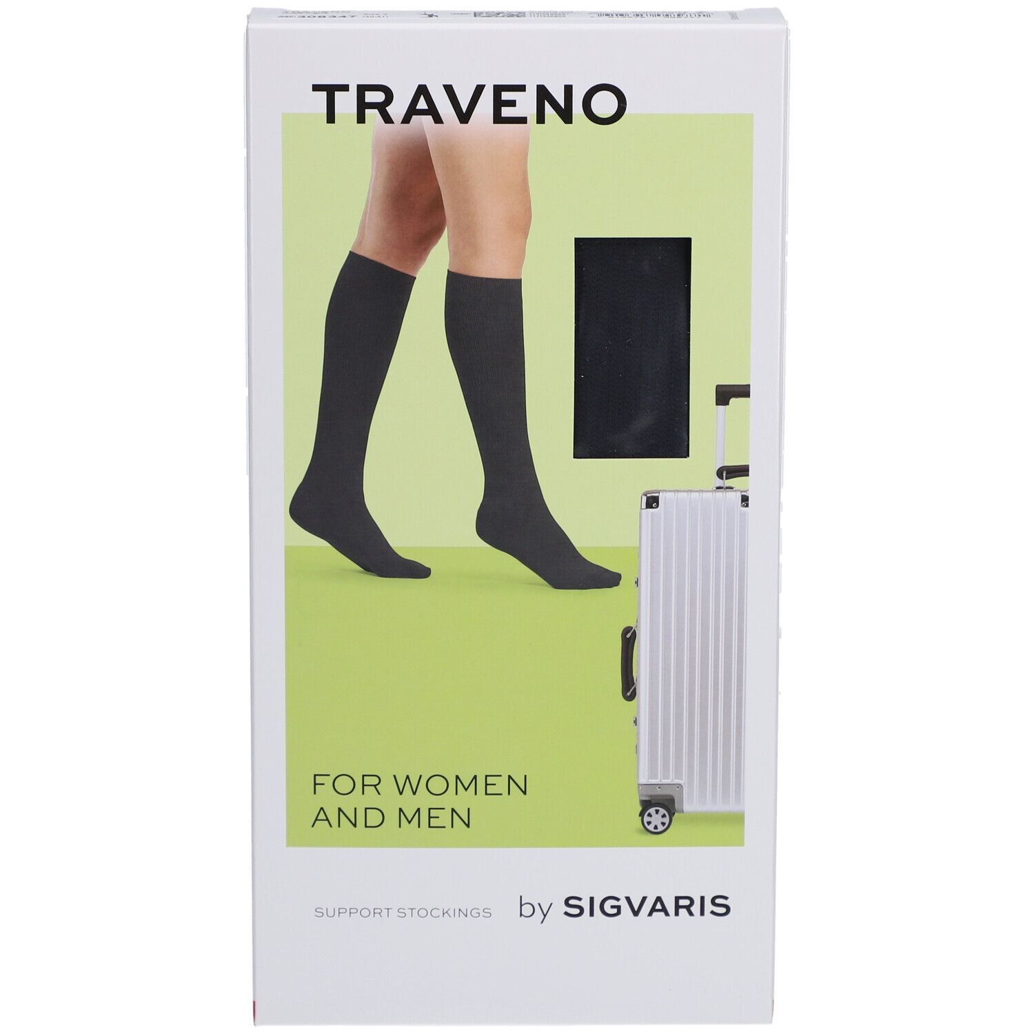 Verpackung von TRAVENO Reisesocken. Anthrazitfarbene Kniestrümpfe, Abbildung von Beinen. Marke SIGVARIS.