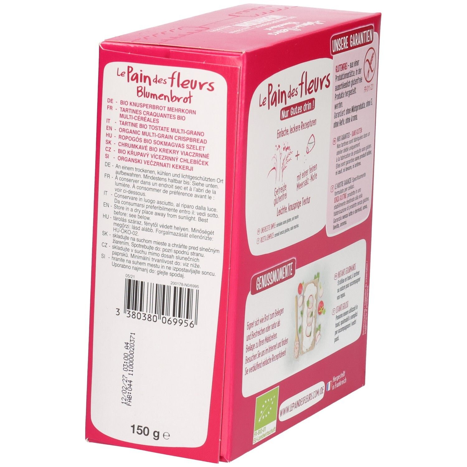 Verpackung mit glutenfreien Mehrkorn-Knusperbrotschnitten. Seitenansicht mit Produktinformationen und Gewicht.