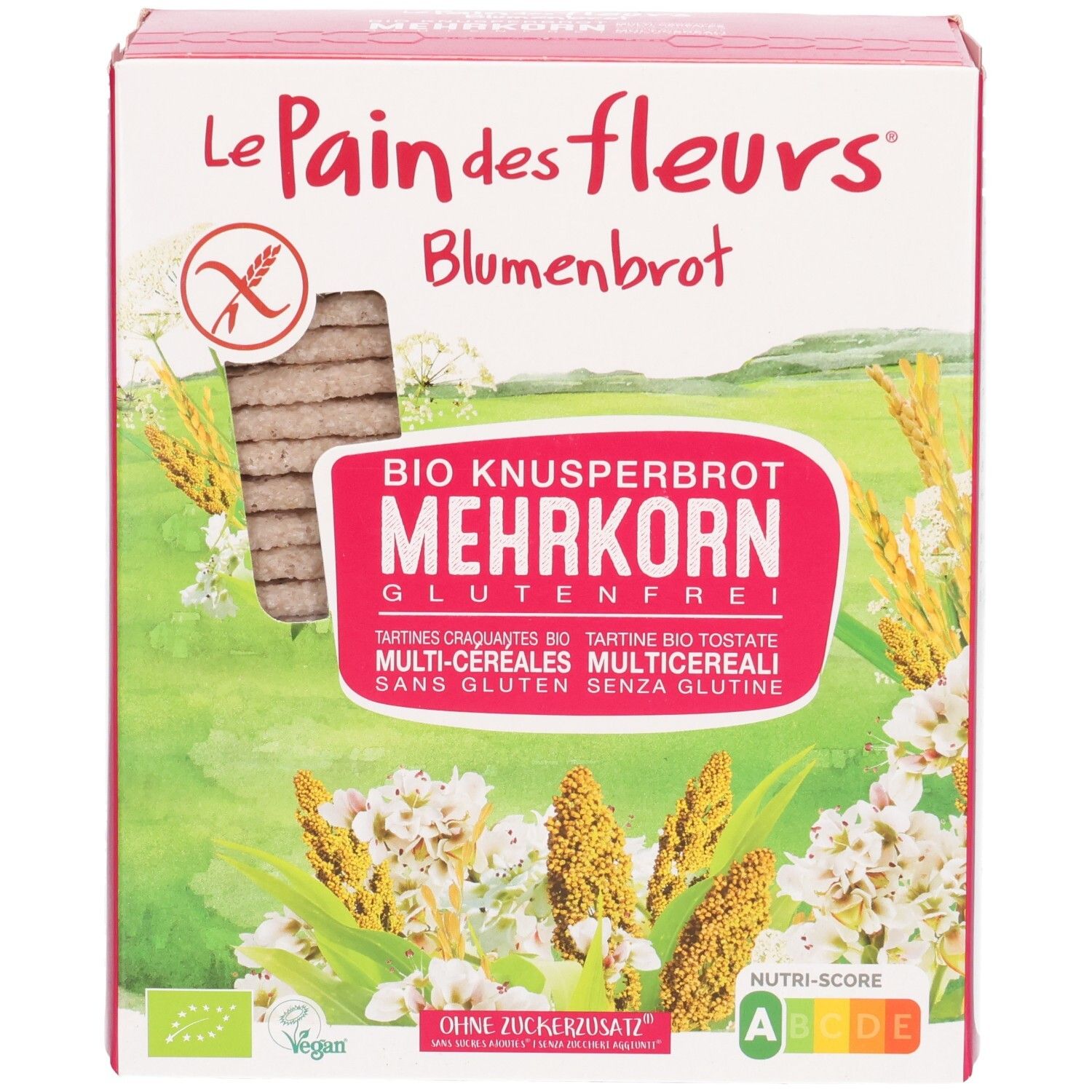 Verpackung mit glutenfreien Mehrkorn-Knusperbrotschnitten. Vorderseite mit Produktname, Logo, Zutaten und Nährwert-Score.