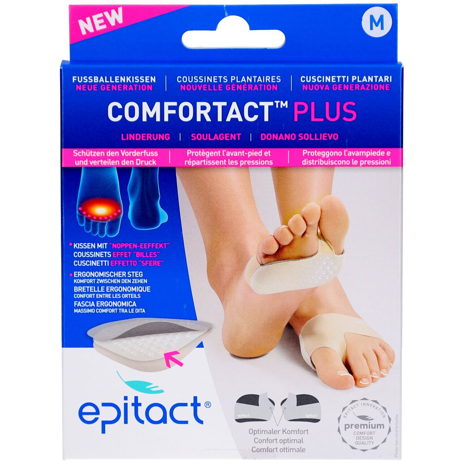 Emballage de coussinets plantaires. Nom du produit: COMFORTACT PLUS. Taille M. Illustration d'un pied avec coussinets. Marque: Epitact.