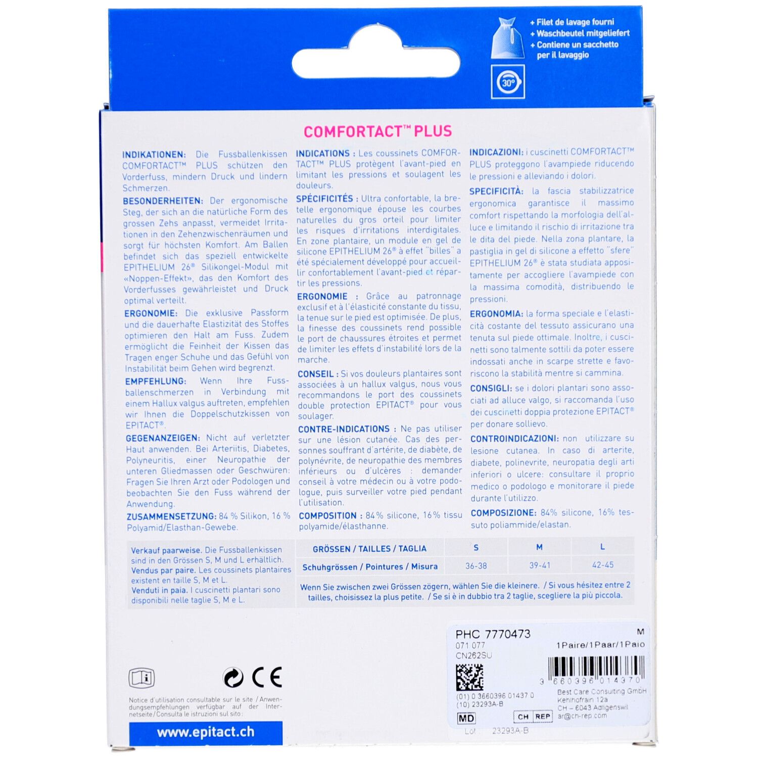 Dos de l'emballage du produit. Texte en allemand, français et italien. Tailles: S, M, L. Code-barres et logo.