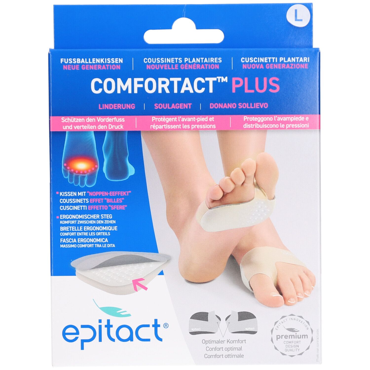Verpackung mit Epitact Fussballenkissen Comfortact Plus L. Zeigt Füße mit Kissen. Text: Comfortact Plus, Epitact, L.