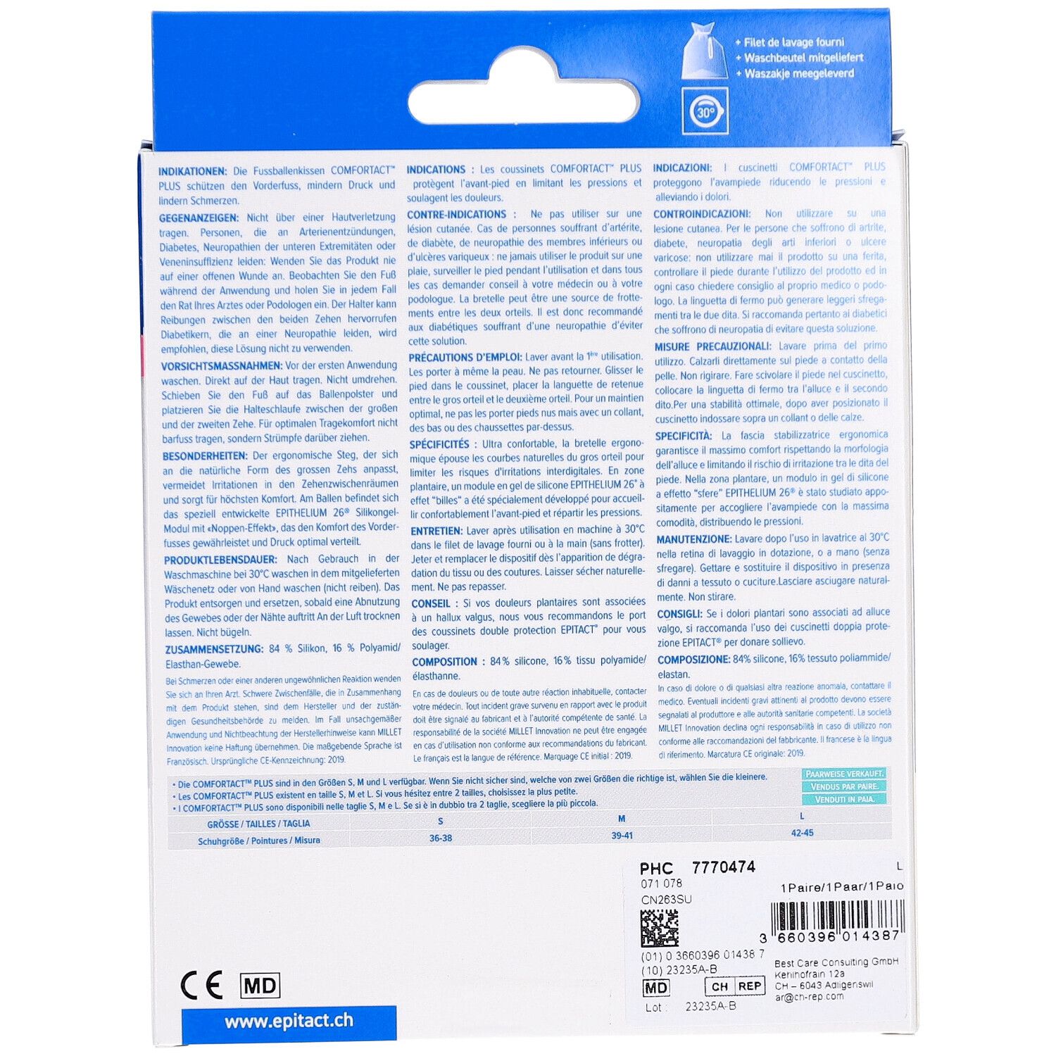 Rückseite der Verpackung. Text: Comfortact Plus, Epitact. Enthält Informationen zu Indikationen, Vorsichtsmaßnahmen und Zusammensetzung.