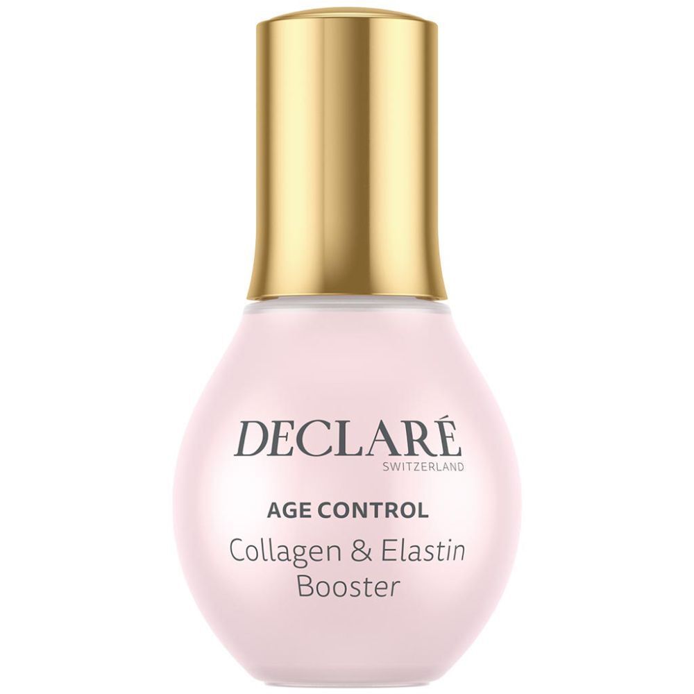 Flacon rose à bouchon doré. DECLARÉ, AGE CONTROL Collagen & Elastin Booster.