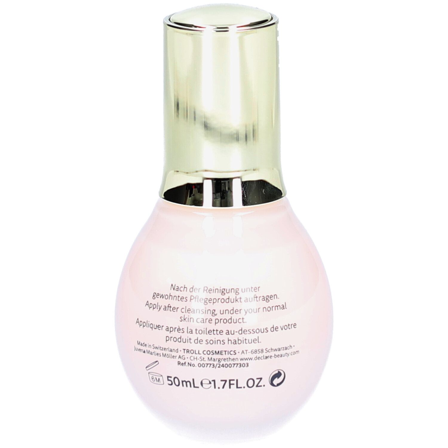 Rückansicht einer rosa Flasche mit goldenem Deckel. Text auf der Flasche. DECLARÉ, Collagen & Elastin Booster.