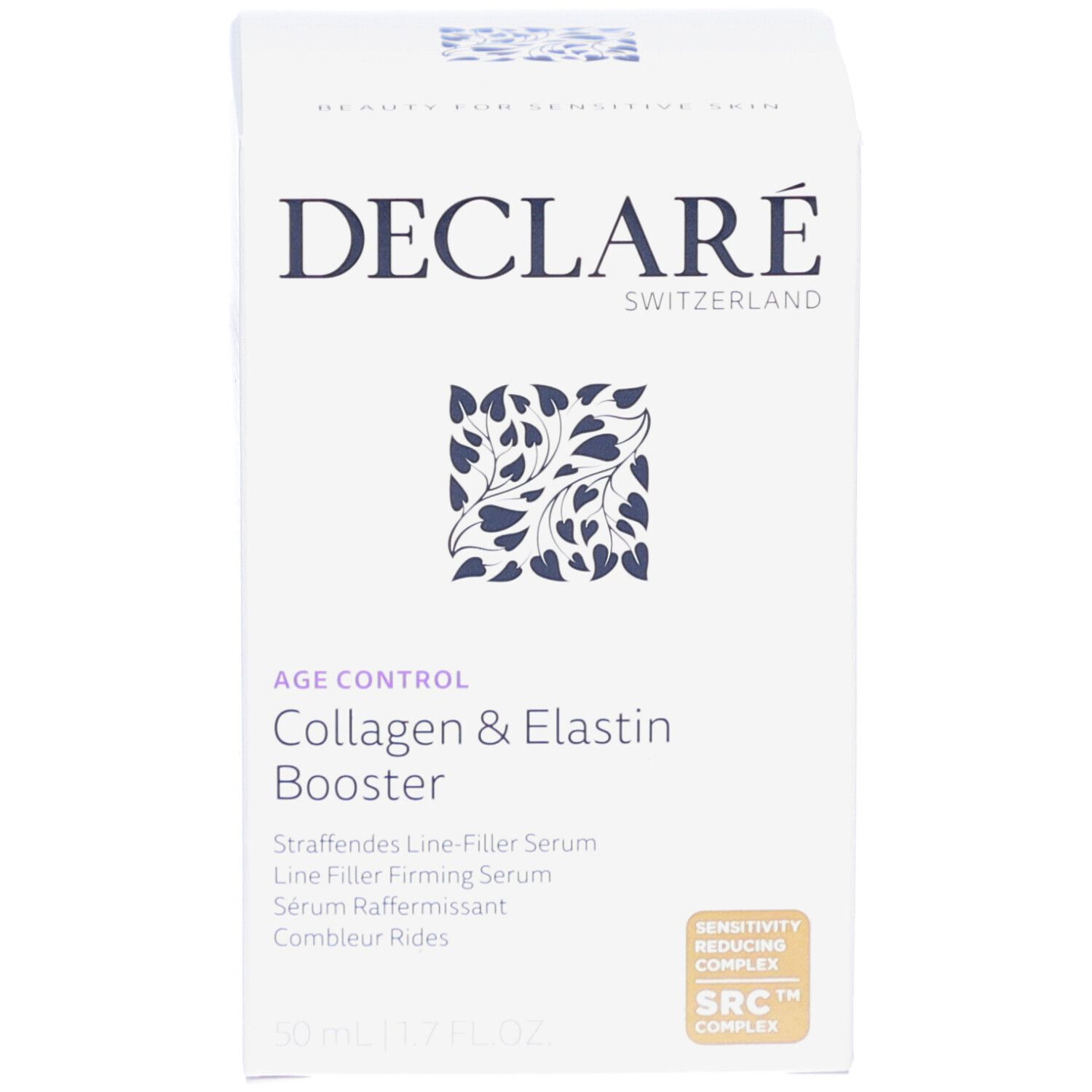 Verpackung. DECLARÉ, AGE CONTROL, Collagen & Elastin Booster. Weißer Karton mit Text und Logo.