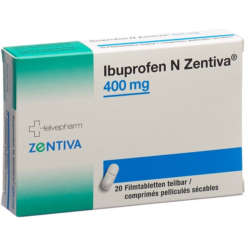 Kartonpackung mit blauer und grüner Beschriftung. Aufschrift: Ibuprofen N Zentiva Filmtabl 400 mg.