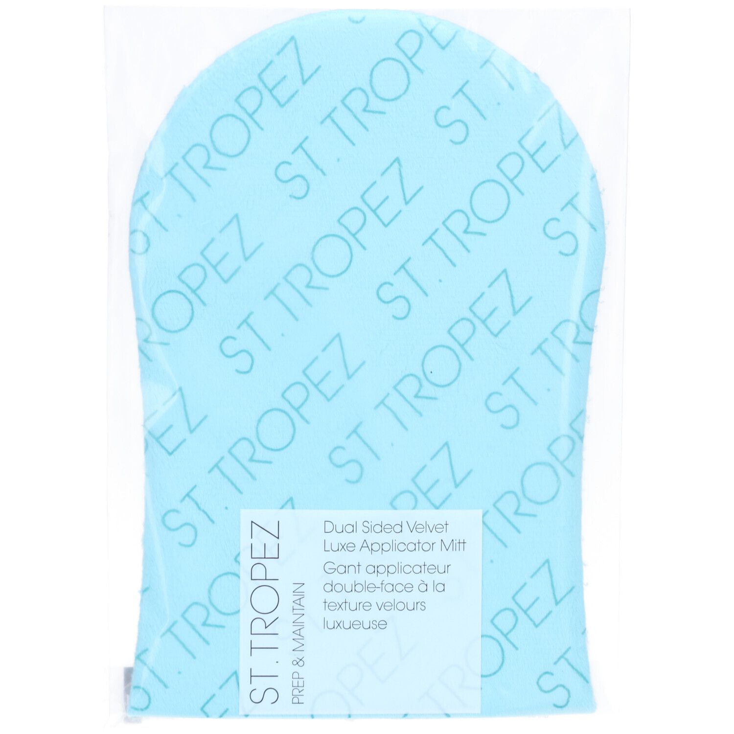 Gant applicateur double face bleu, emballé. Texte: ST. TROPEZ, Dual Sided Velvet Luxe Applicator Mitt, Gant applicateur.