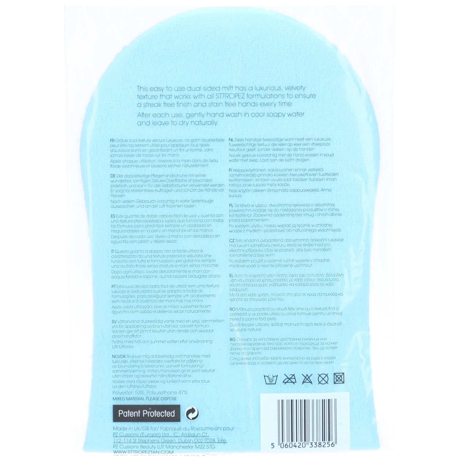 Dos du gant applicateur emballé. Texte: ST. TROPEZ, instructions, Patent Protected, symboles de lavage.