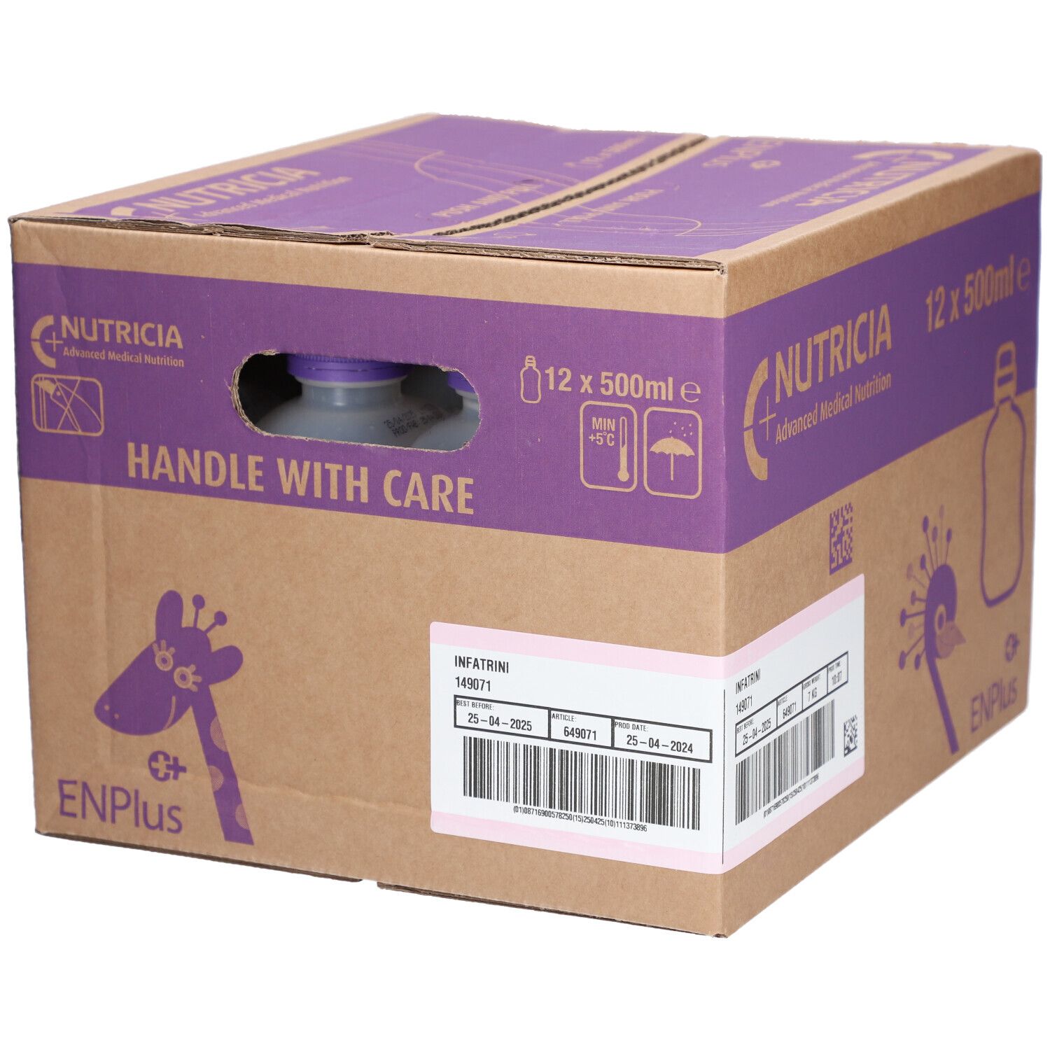 Karton mit INFATRINI liq. Aufdruck, 12 x 500ml. Marke NUTRICIA. Mit Griffloch und Giraffen-Logo.