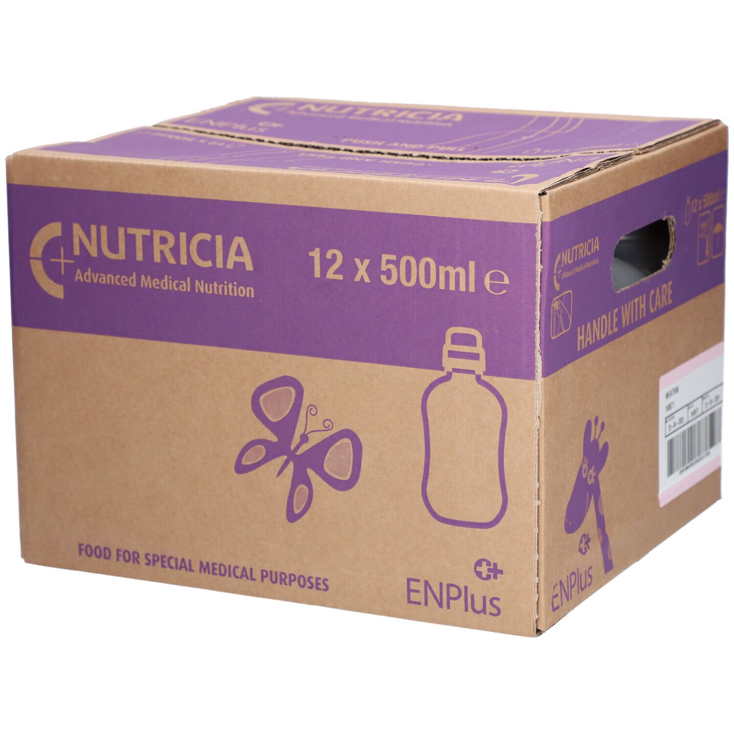 Karton mit INFATRINI liq. Aufdruck, 12 x 500ml. Marke NUTRICIA. Mit Schmetterling- und Flaschen-Symbolen.