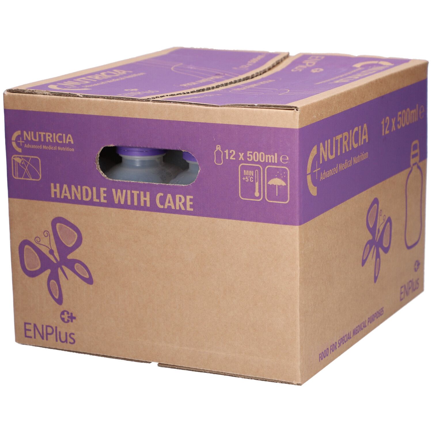 Karton mit INFATRINI liq. Aufdruck, 12 x 500ml. Marke NUTRICIA. Mit Schmetterling-Symbol und Griffloch.