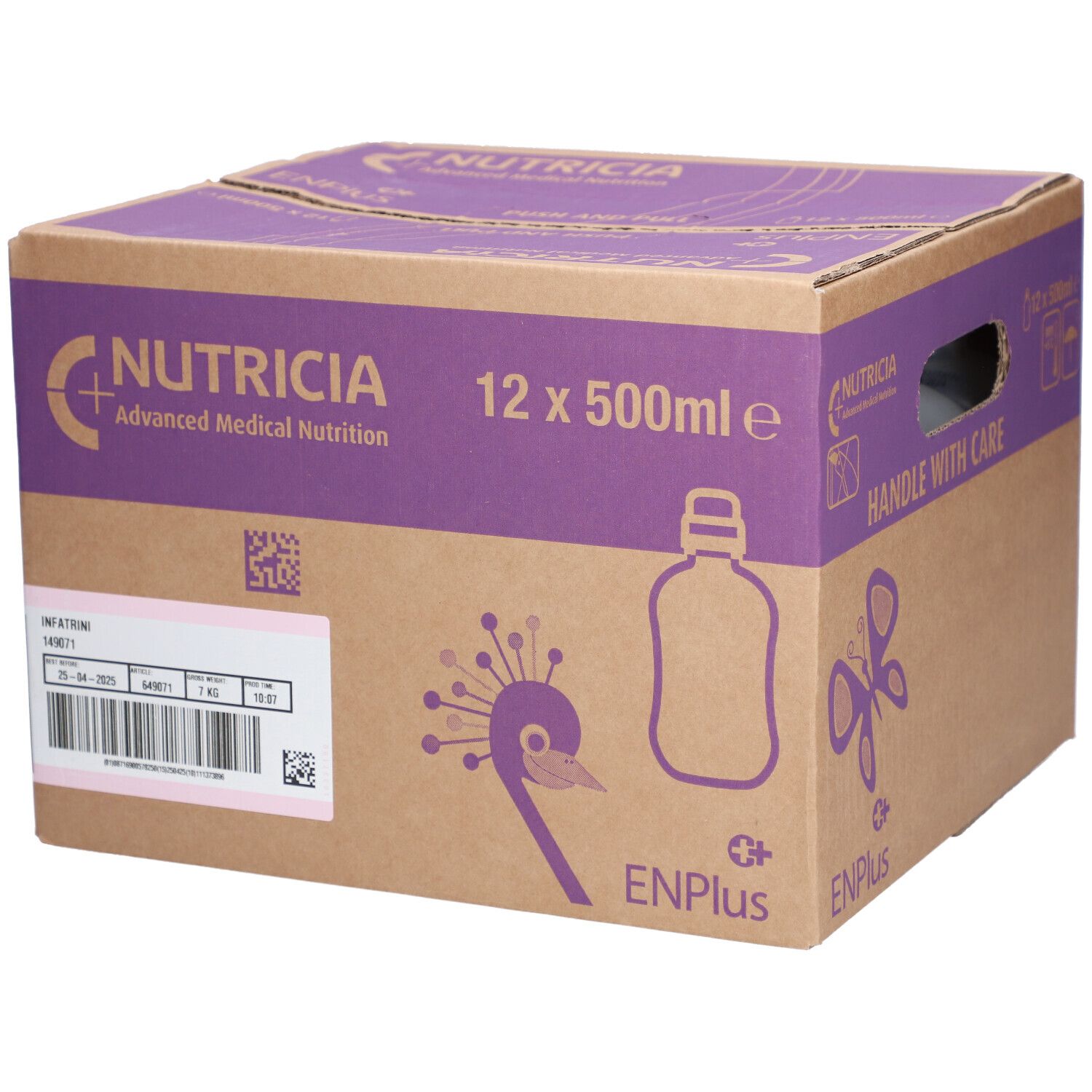 Karton mit INFATRINI liq. Aufdruck, 12 x 500ml. Marke NUTRICIA. Mit Flaschen- und Schmetterling-Symbolen.