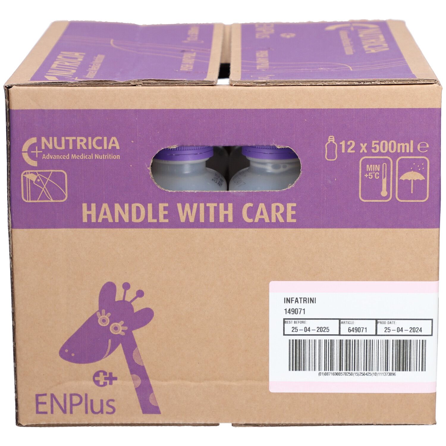 Karton mit INFATRINI liq. Aufdruck, 12 x 500ml. Marke NUTRICIA. Mit Griffloch und Giraffen-Logo. Sichtbare Flaschen.