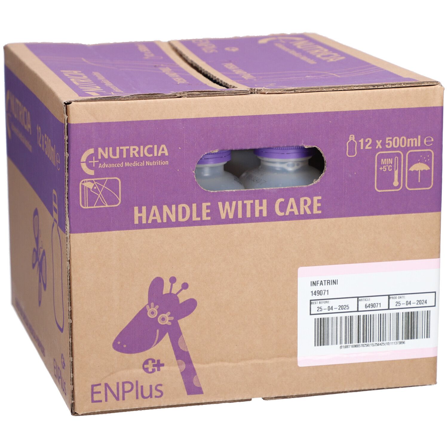 Karton mit INFATRINI liq. Aufdruck, 12 x 500ml. Marke NUTRICIA. Mit Griffloch und Giraffen-Logo. Sichtbare Flaschen.