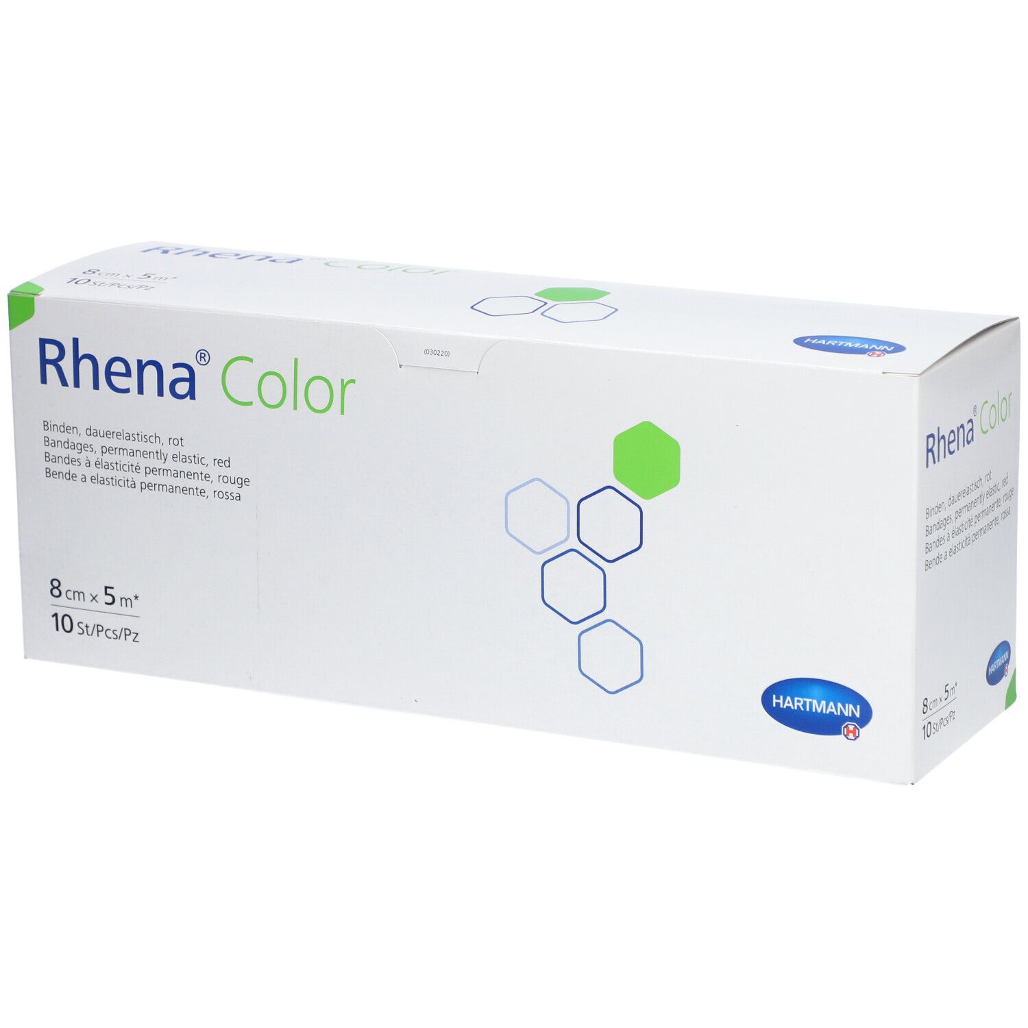 Verpackung von Rhena Color Binden. 8 cm x 5 m, rot. 10 Stück. Hartmann Logo. Produktbezeichnung und Eigenschaften aufgedruckt.