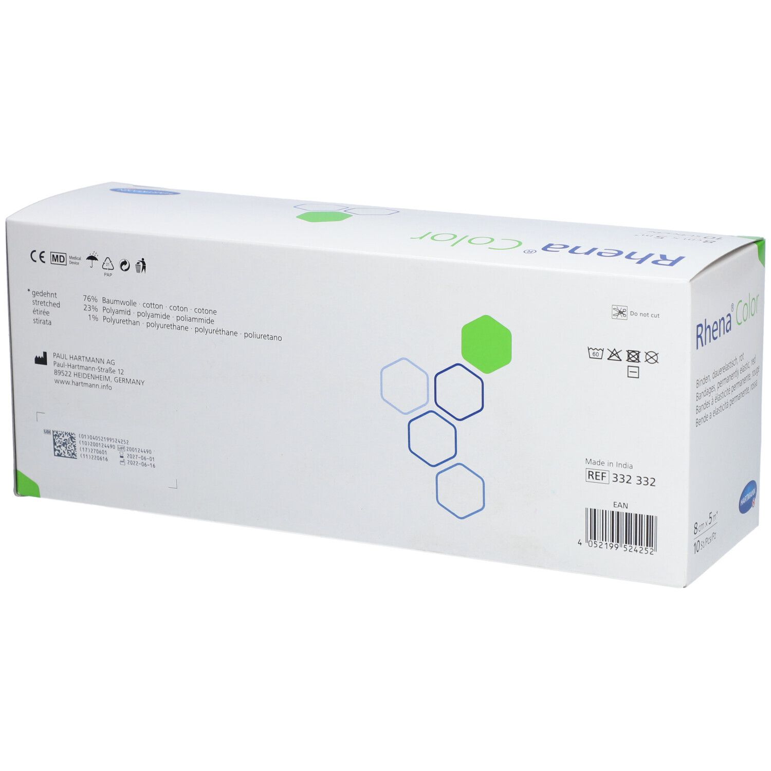 Rückseite der Rhena Color Binden-Verpackung. Produktinformationen, Inhaltsstoffe, Herstellerangaben, Chargennummer, Waschsymbole.