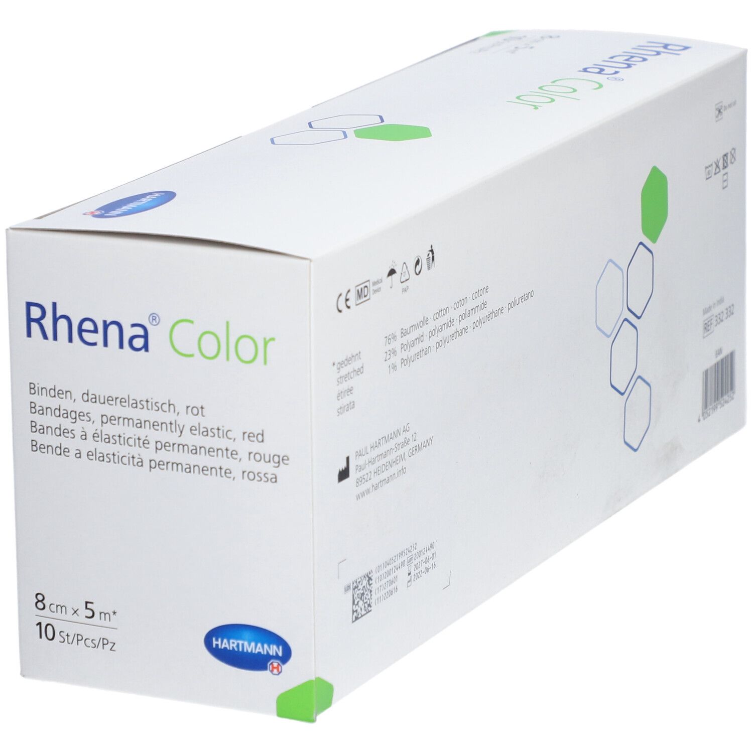 Rhena Color Binden-Verpackung. 8 cm x 5 m, rot. 10 Stück. Hartmann Logo. Produktname und Eigenschaften aufgedruckt. Schräge Ansicht.