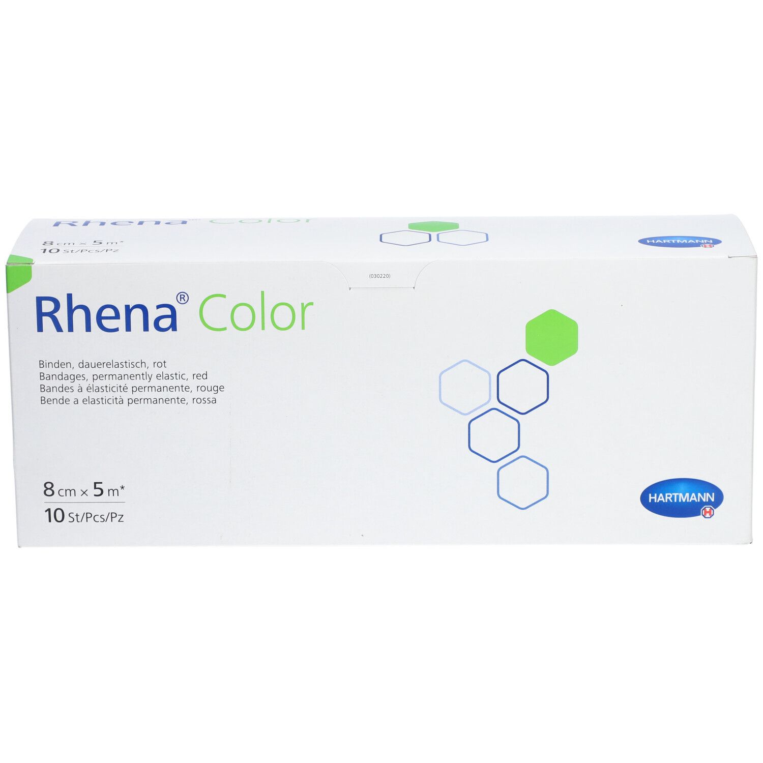 Rhena Color Binden-Verpackung. 8 cm x 5 m, rot. 10 Stück. Hartmann Logo. Produktname und Eigenschaften aufgedruckt.