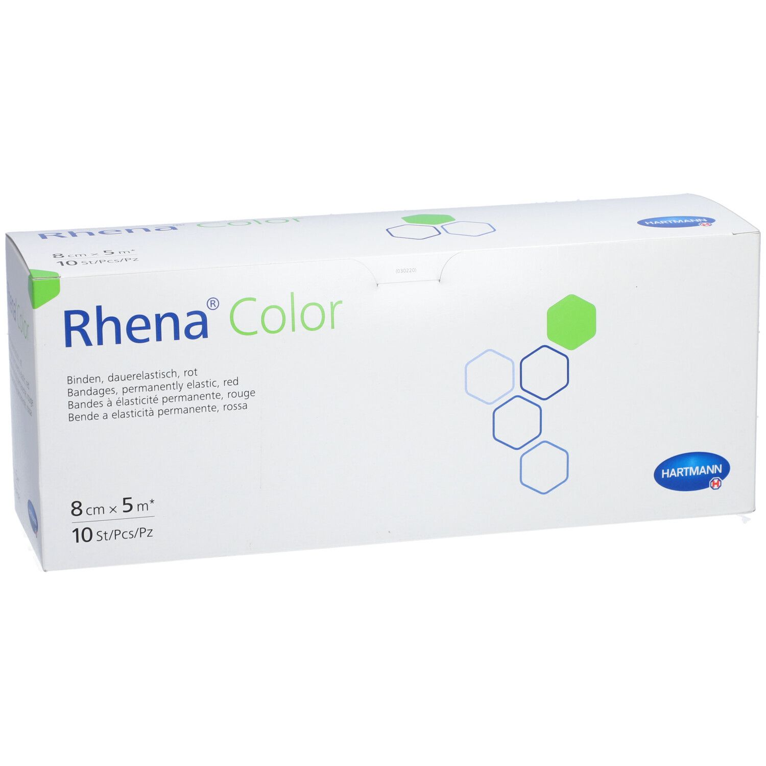 Rhena Color Binden-Verpackung. 8 cm x 5 m, rot. 10 Stück. Hartmann Logo. Produktname und Eigenschaften aufgedruckt.
