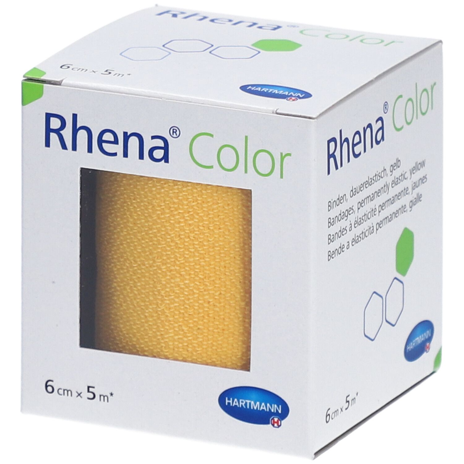 Verpackung von Rhena® Color, gelb, 6 cm x 5 m. Aufdruck: HARTMANN, Rhena® Color, Bandagen, dauerelastisch.