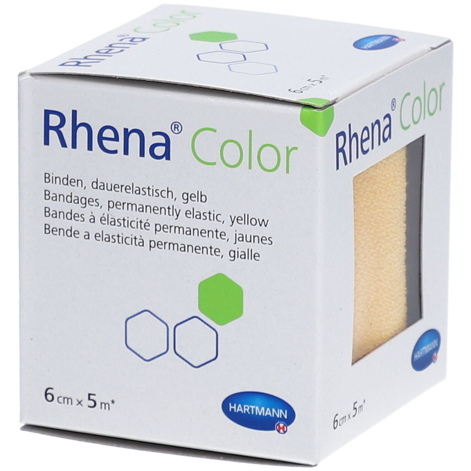 Verpackung von Rhena® Color, gelb, 6 cm x 5 m. Aufdruck: HARTMANN, Rhena® Color, Bandagen, dauerelastisch.