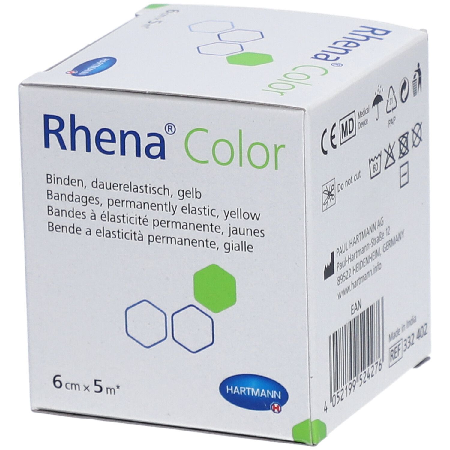Verpackung von Rhena® Color, gelb, 6 cm x 5 m. Aufdruck: HARTMANN, Rhena® Color, Bandagen, dauerelastisch.