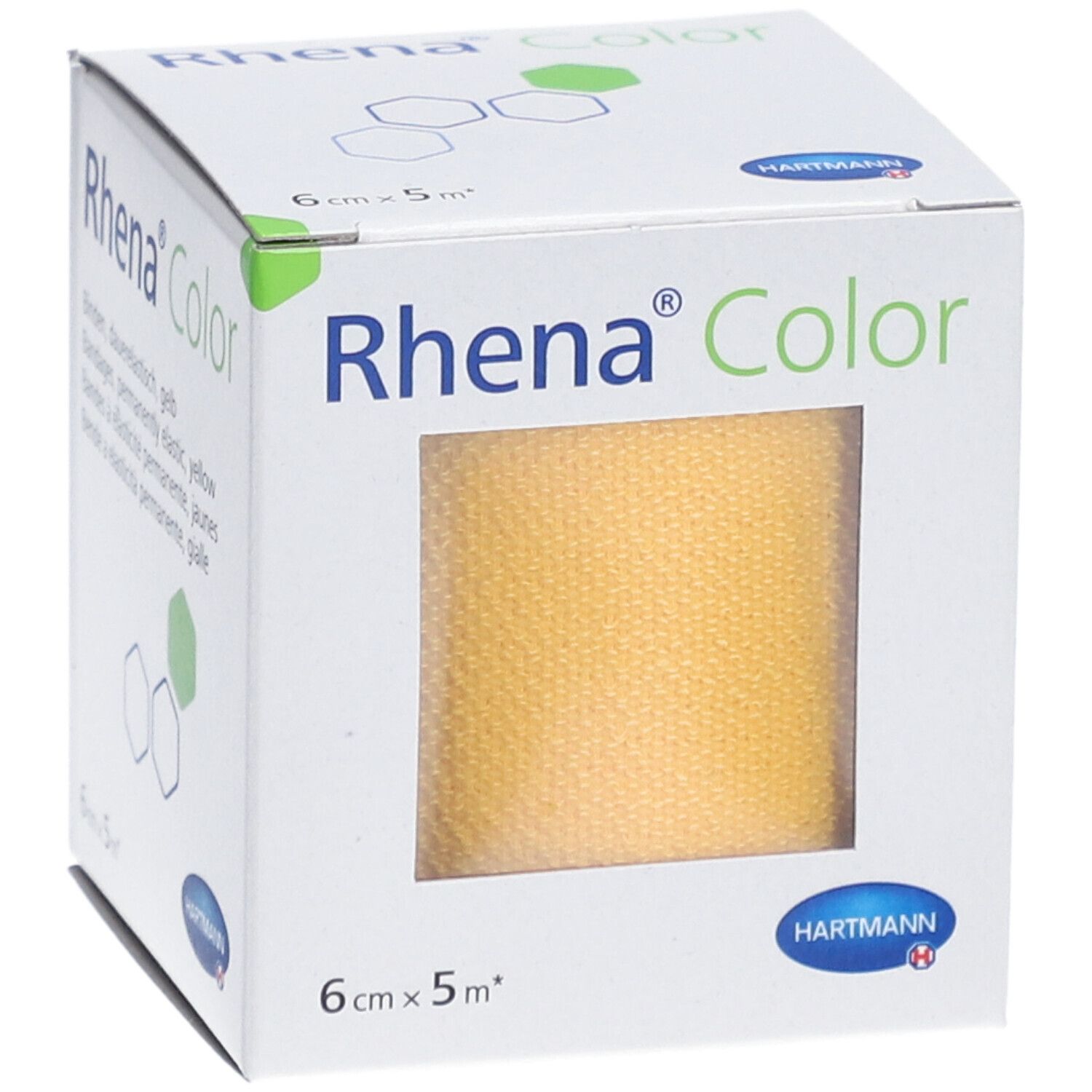 Verpackung von Rhena® Color, gelb, 6 cm x 5 m. Aufdruck: HARTMANN, Rhena® Color, Bandagen, dauerelastisch.