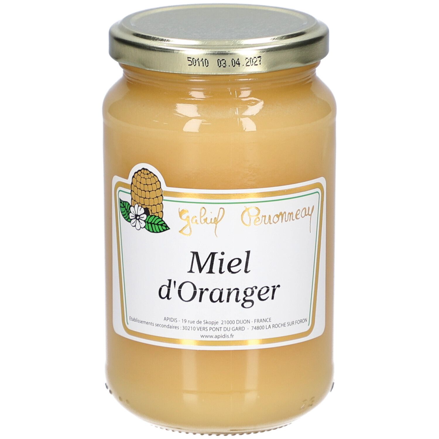 Pot de miel. Étiquette "Miel d'Oranger". Couvercle avec impression. Couleur miel brun clair.