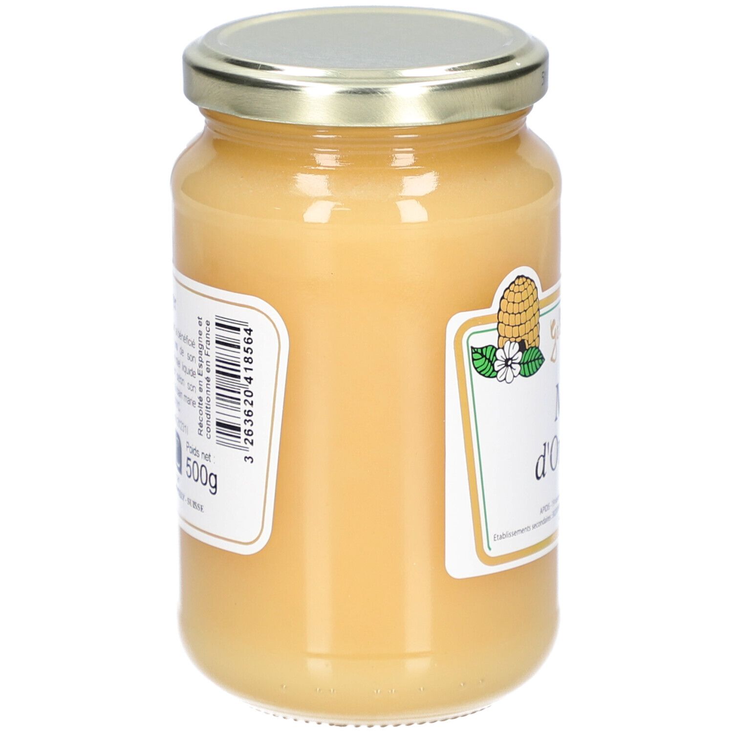 Pot de miel, vue latérale. Étiquette avec texte et code-barres. Couleur miel brun clair.