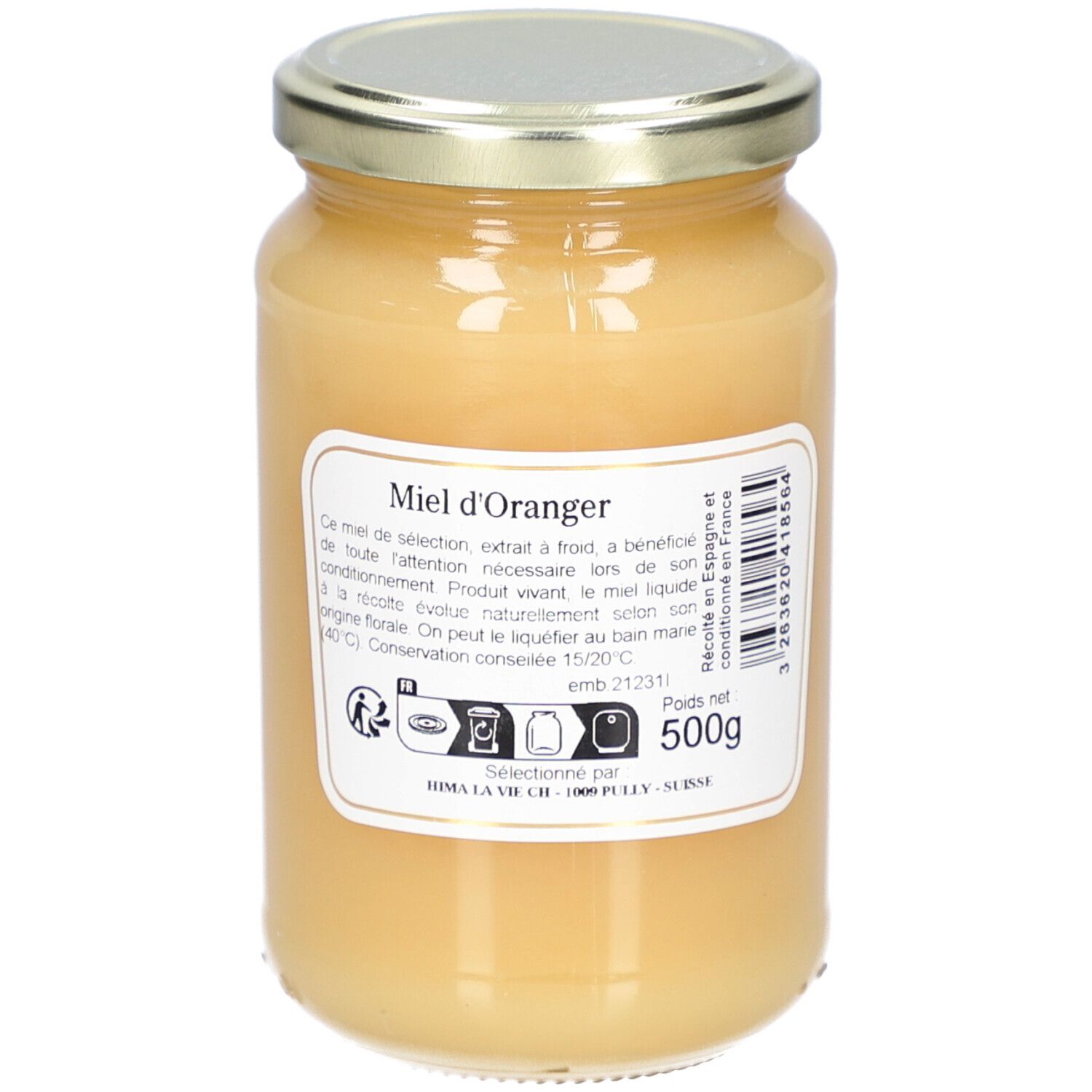 Pot de miel. Étiquette avec texte et code-barres. Couleur miel brun clair. Inscription "500g".