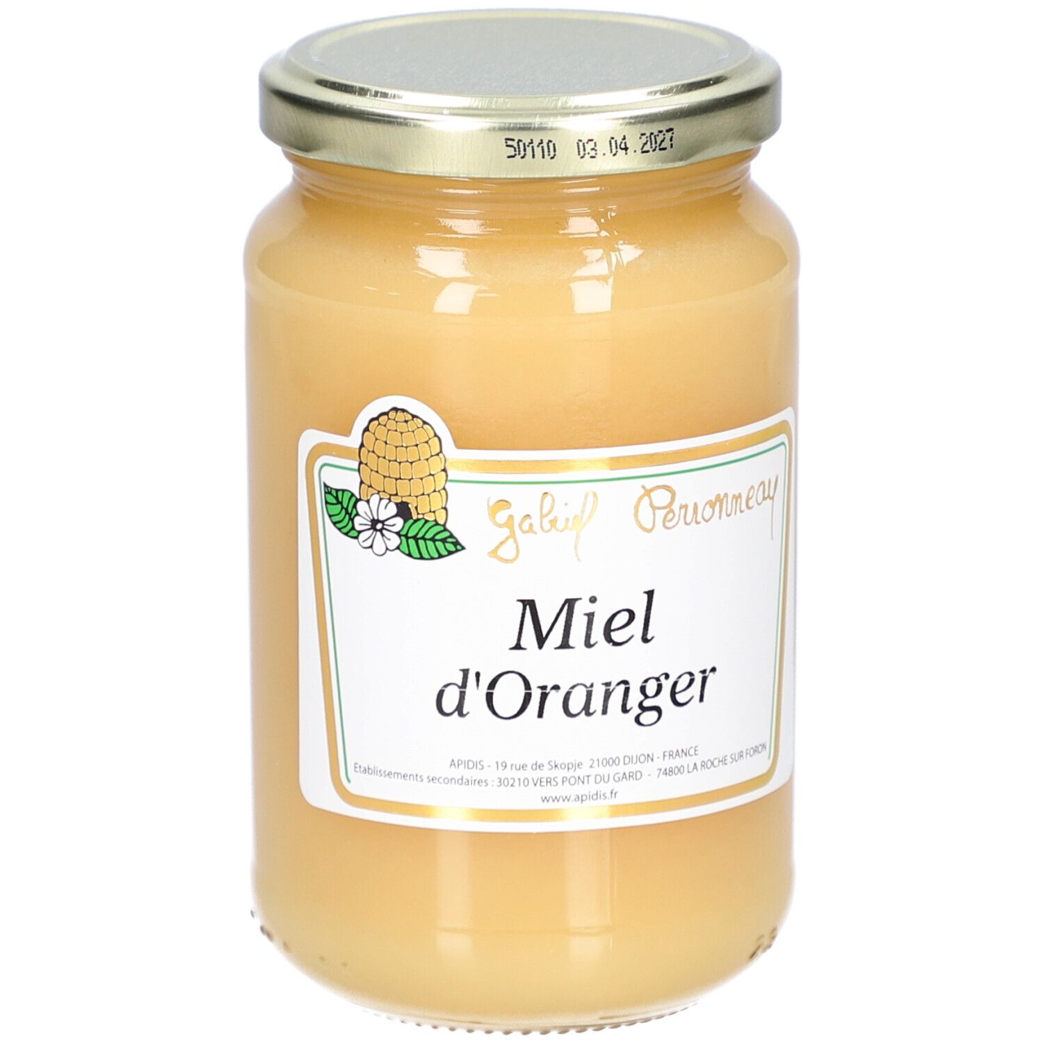 Pot de miel. Étiquette "Miel d'Oranger". Couvercle avec impression. Couleur miel brun clair.