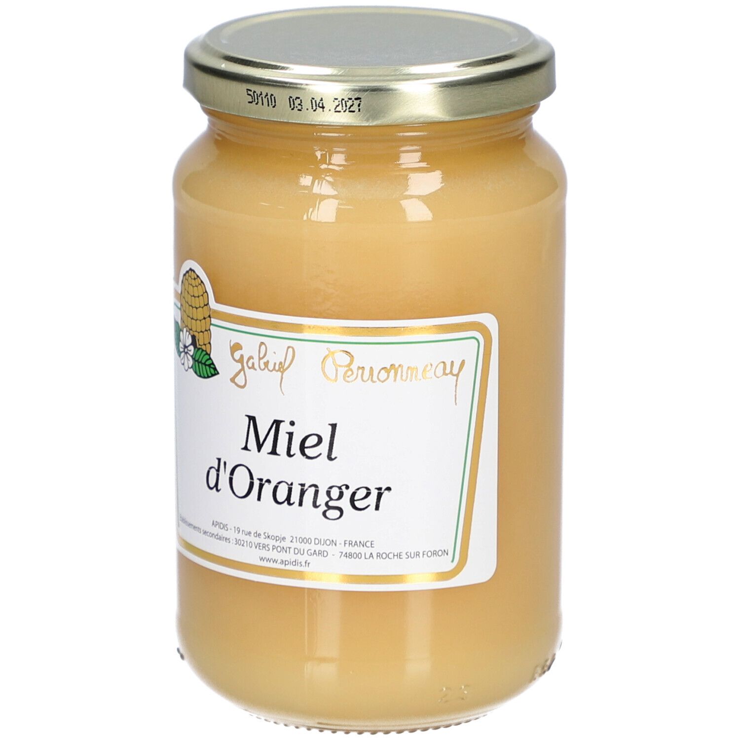 Pot de miel. Étiquette "Miel d'Oranger". Couvercle avec impression. Couleur miel brun clair.