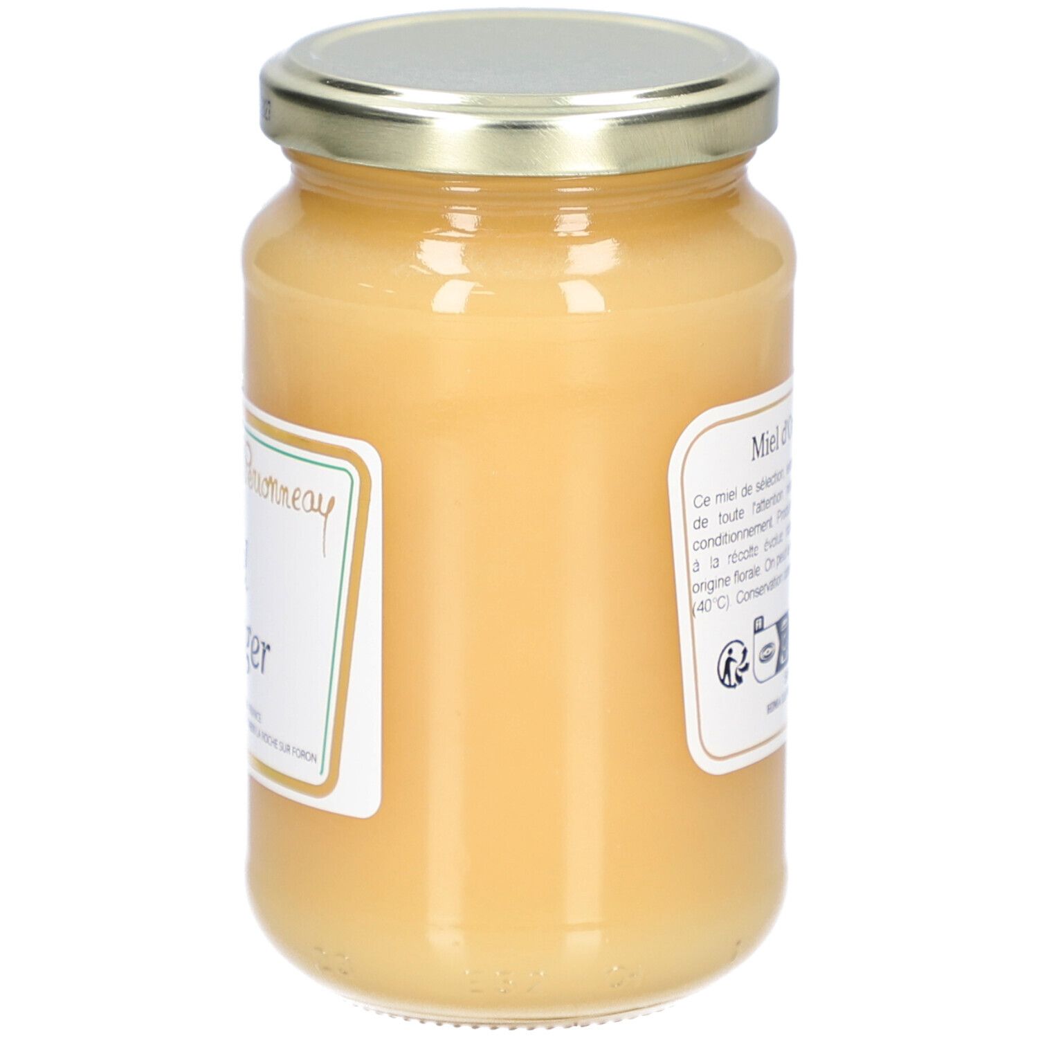 Pot de miel, vue latérale. Étiquette avec texte. Couleur miel brun clair.