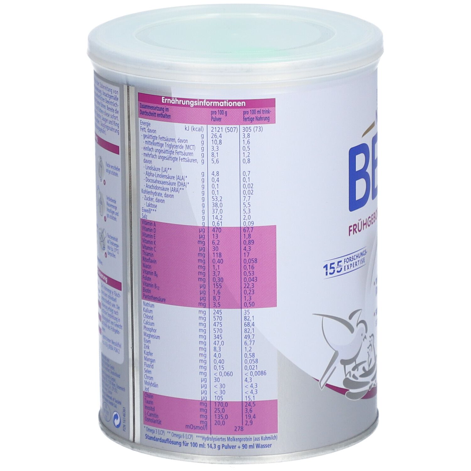 Nestlé BEBA Frühgeborenennahrung 2 Dose. Nährwertangaben. 155 Forschungsexperten. Für Frühgeborene. 400g.