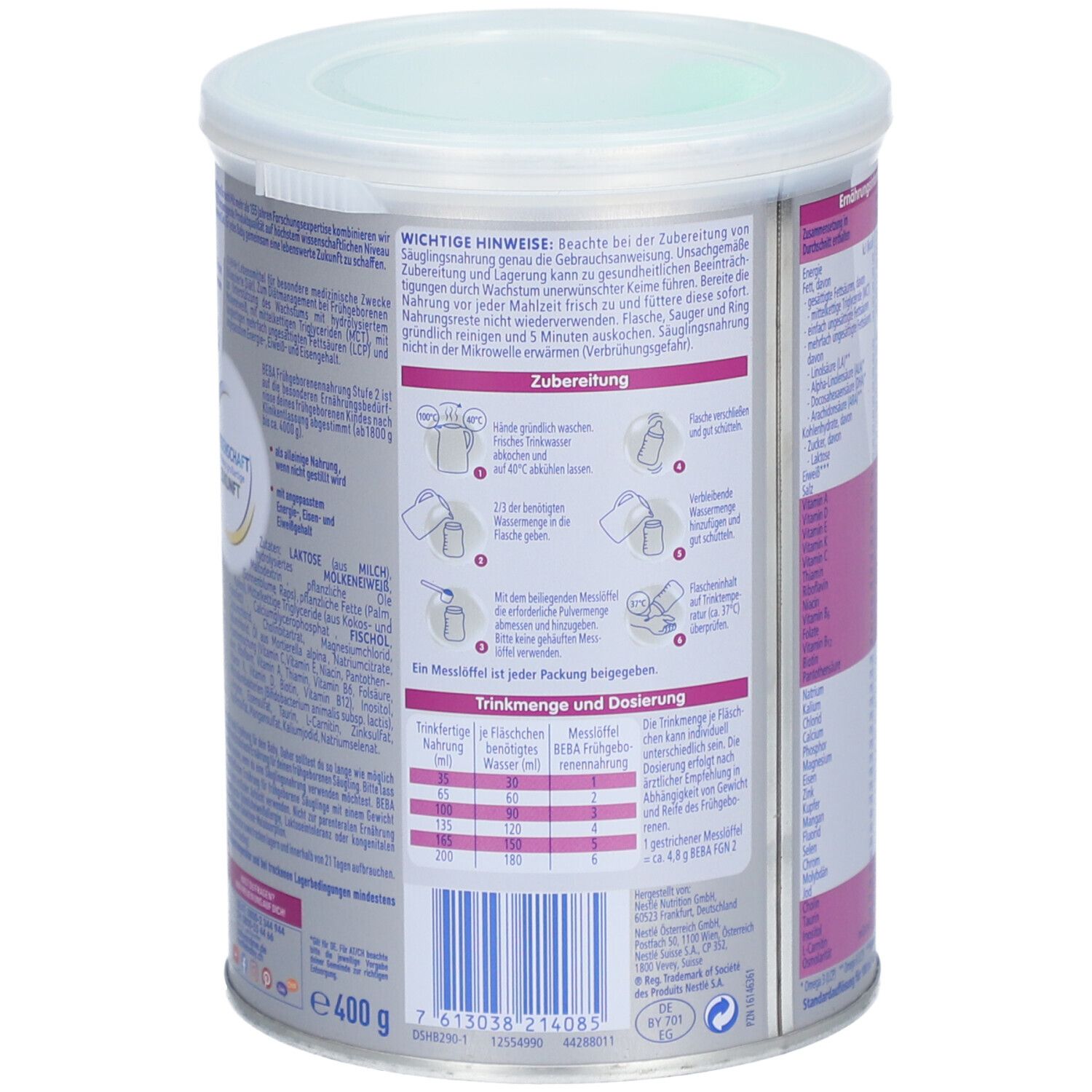 Nestlé BEBA Frühgeborenennahrung 2 Dose. Zubereitungshinweise. Für Frühgeborene. 400g. Dosierungstabelle.