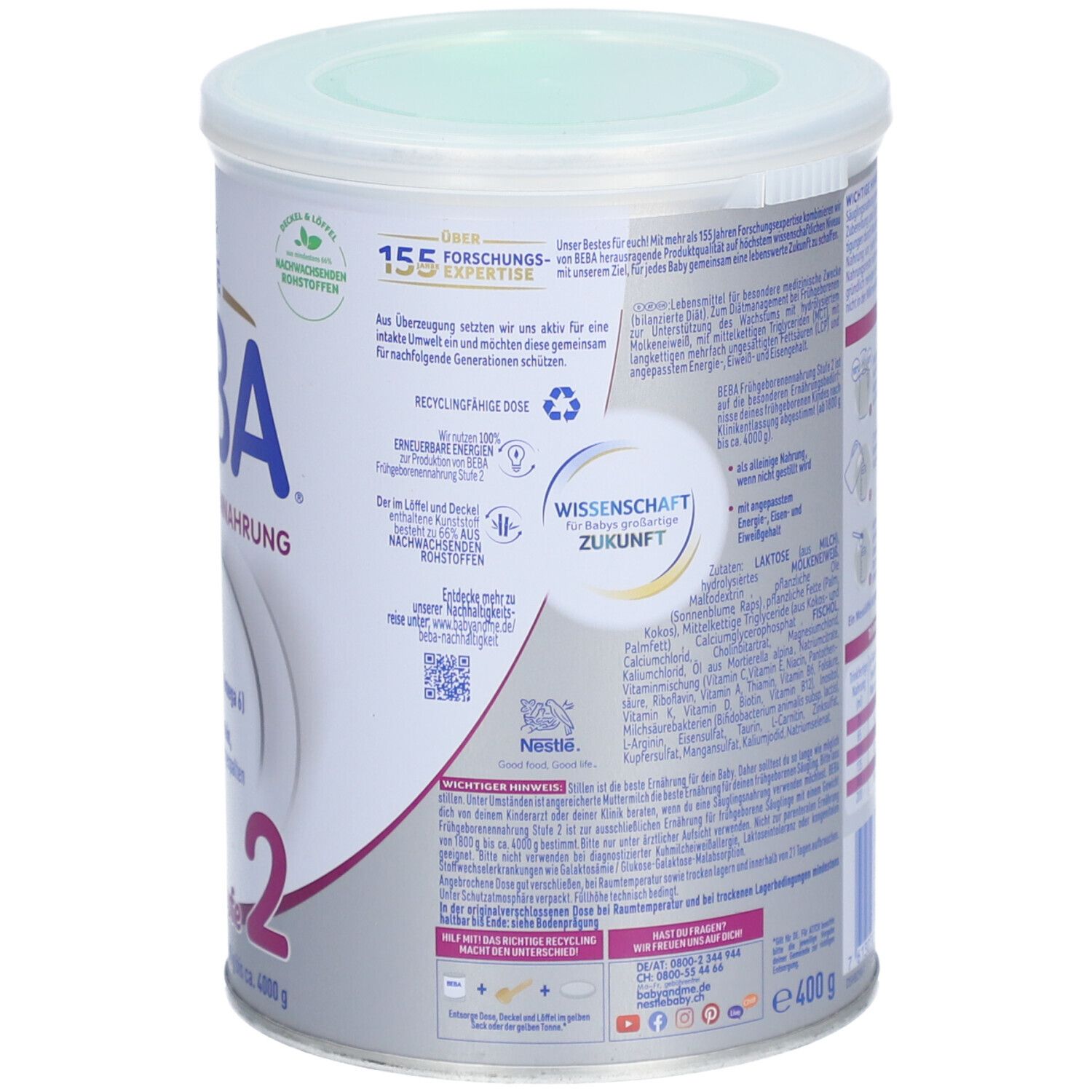 Nestlé BEBA Frühgeborenennahrung 2 Dose. Mit LCPs, sanftes Protein. Für Frühgeborene. 400g. Ab 1800g bis ca. 4000g.
