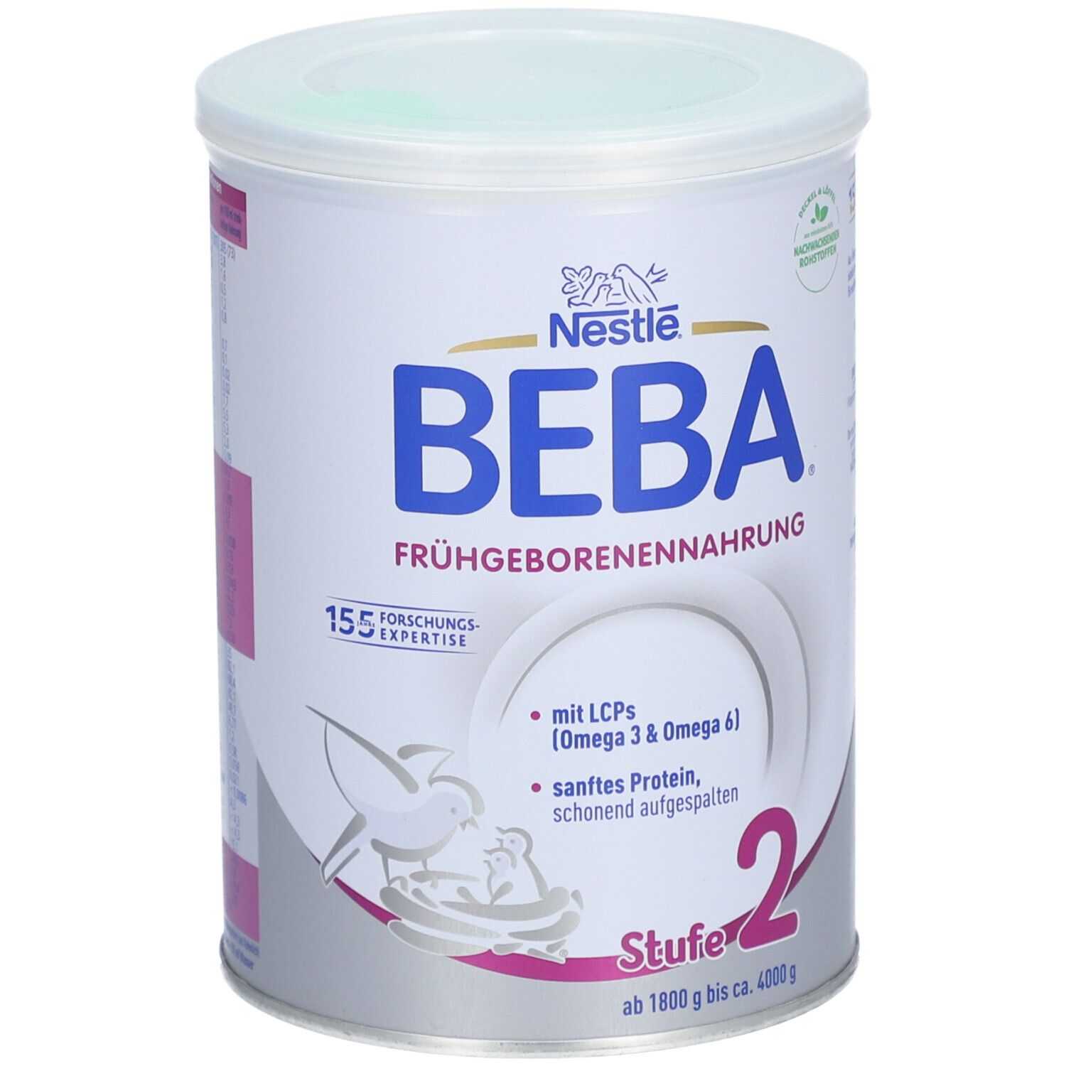Nestlé BEBA Frühgeborenennahrung 2 Dose. Rückseite. 155 Forschungsexperten. Für Frühgeborene. 400g. Recycling.