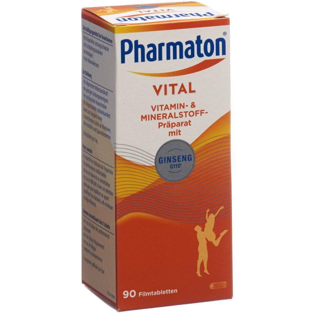 Verpackung von Pharmaton Vital. Enthält Vitamin- und Mineralstoffpräparat mit Ginseng. 90 Filmtabletten. Orangefarbener Hintergrund.