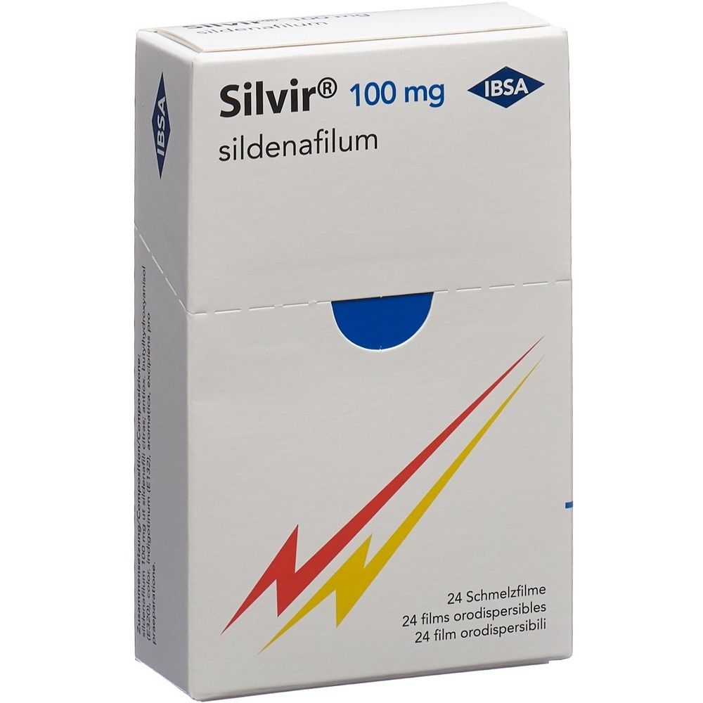 Emballage en carton avec nom du produit et graphique en demi-cercle bleu. Lignes jaunes et rouges en diagonale. Texte: SILVIR Schmelzfilm.