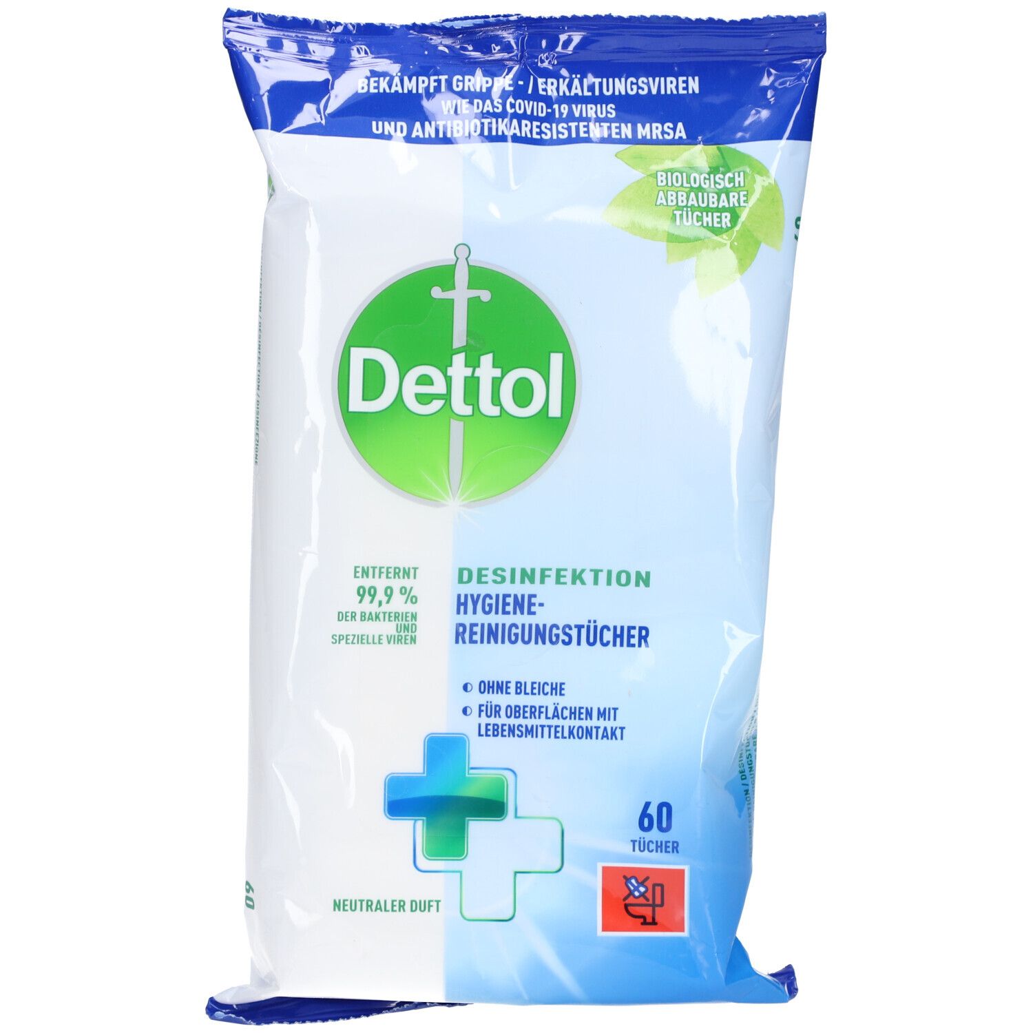Verpackung mit Reinigungstüchern, Marke Dettol. Enthält 60 Tücher. Blaue und weiße Verpackung mit Produktinformationen und Logo.