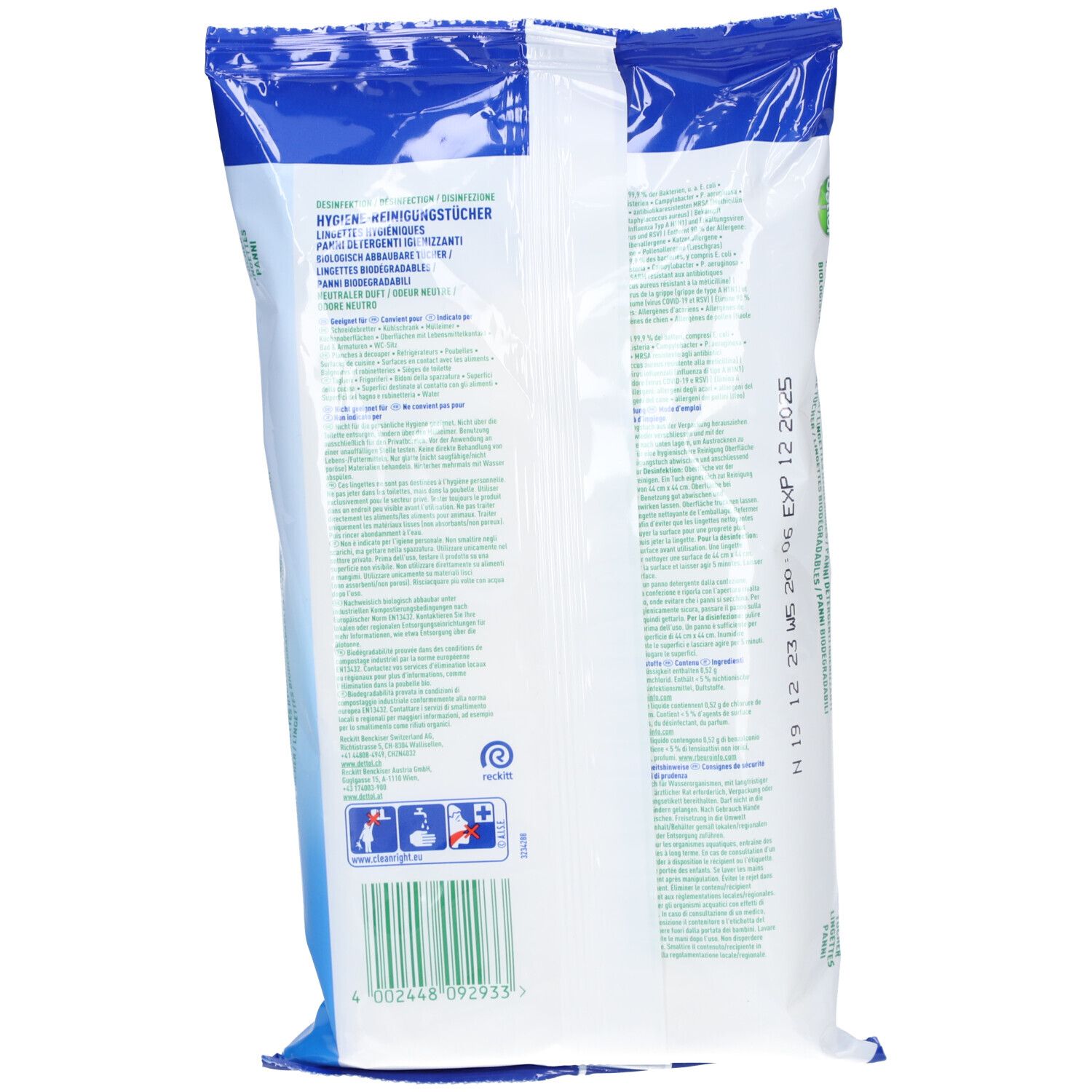Rückseite der Reinigungstücher-Verpackung. Enthält Produktinformationen, Inhaltsstoffe und Gebrauchsanweisungen. Weißer Hintergrund mit blauen Akzenten.