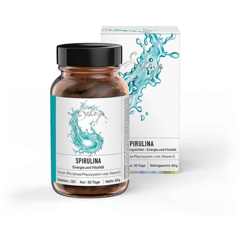 Flacon en verre brun contenant des comprimés bruns, bouchon noir. Boîte blanche avec motif d'eau bleue et texte du produit.