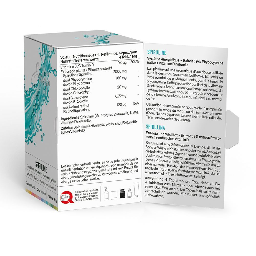 Emballage produit blanc ouvert avec tableaux et texte en allemand et français. Contient informations nutritionnelles et ingrédients.