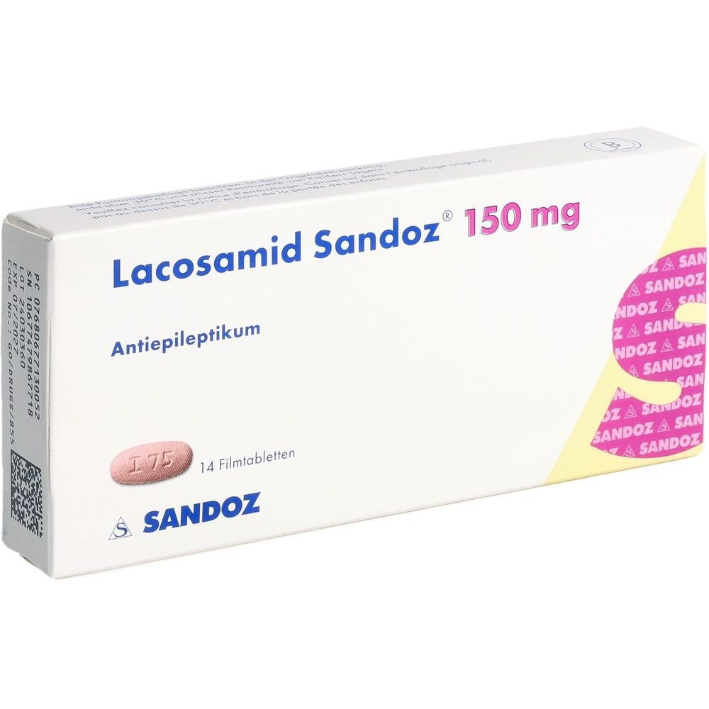 Boîte de comprimés pelliculés Lacosamid Sandoz 150 mg. Inscription : Antiepileptique, 14 comprimés. Marque Sandoz.