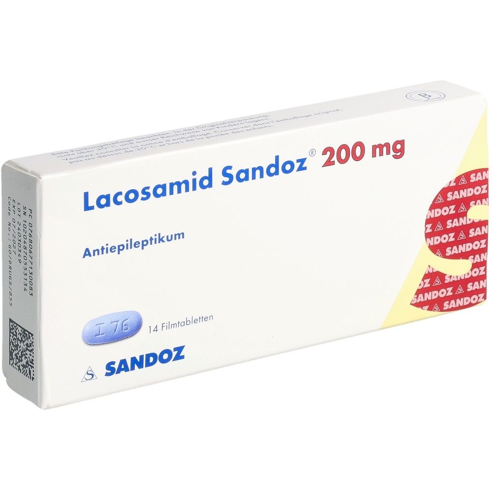 Boîte de Lacosamid Sandoz 200 mg. Inscription : Antiepileptique, 14 comprimés pelliculés. Marque Sandoz. Comprimé bleu I76.