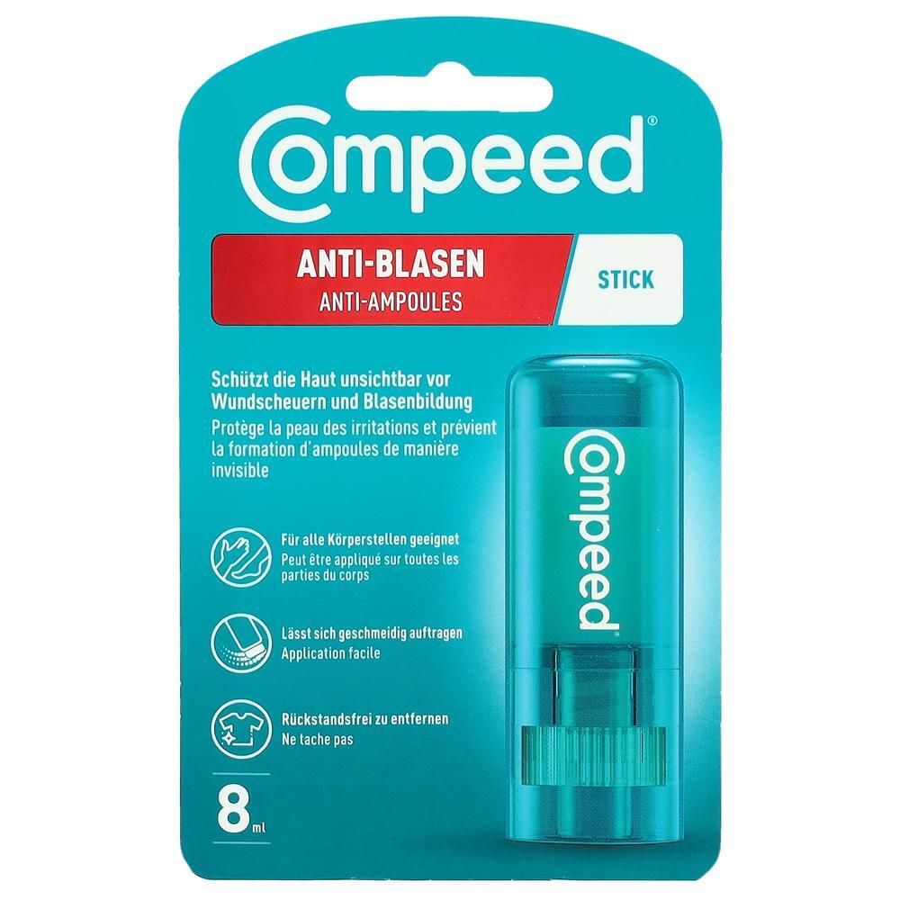 Compeed Anti-Blasen Stick. Verpackung mit Produkt und Text. Enthält einen transparenten Stick. Aufschrift: Anti-Blasen, 8 ml.