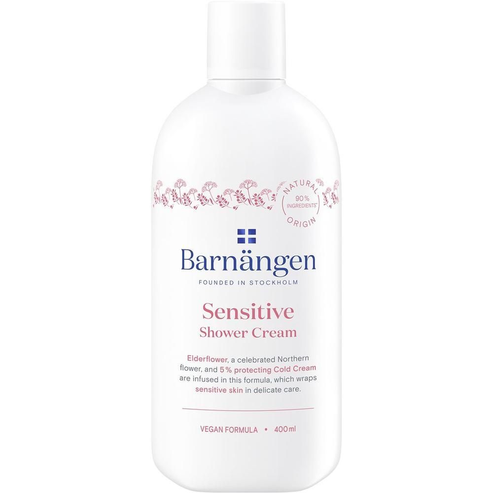 Weiße Flasche Barnängen Duschcreme Sensitive mit rosa Blumenmuster und Text.